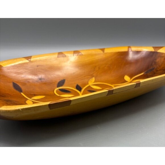 Handmade Wooden Decorative Bowl With Leaf Inlay Design Oval - Picture 3 of 8